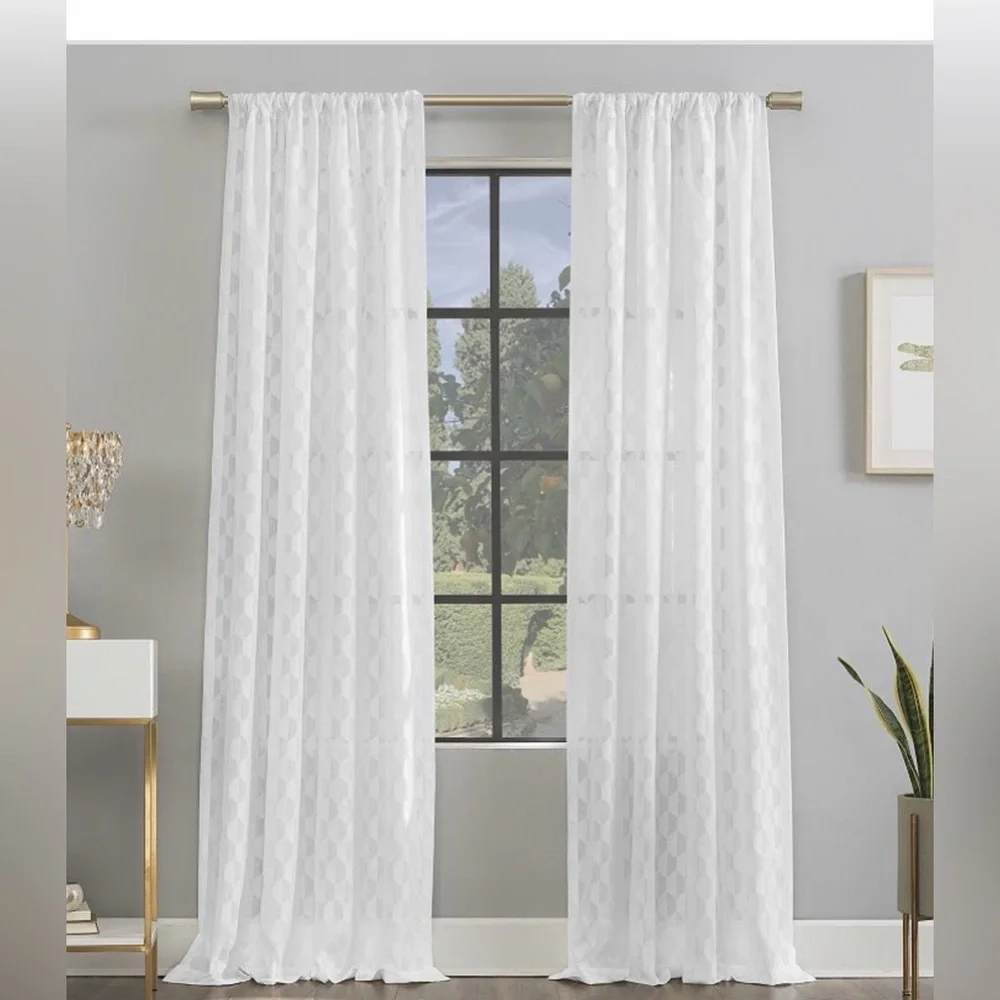 Scott Living 96-in White Geometric Semi-sheer Rod pocket Single panel OPEN BOX